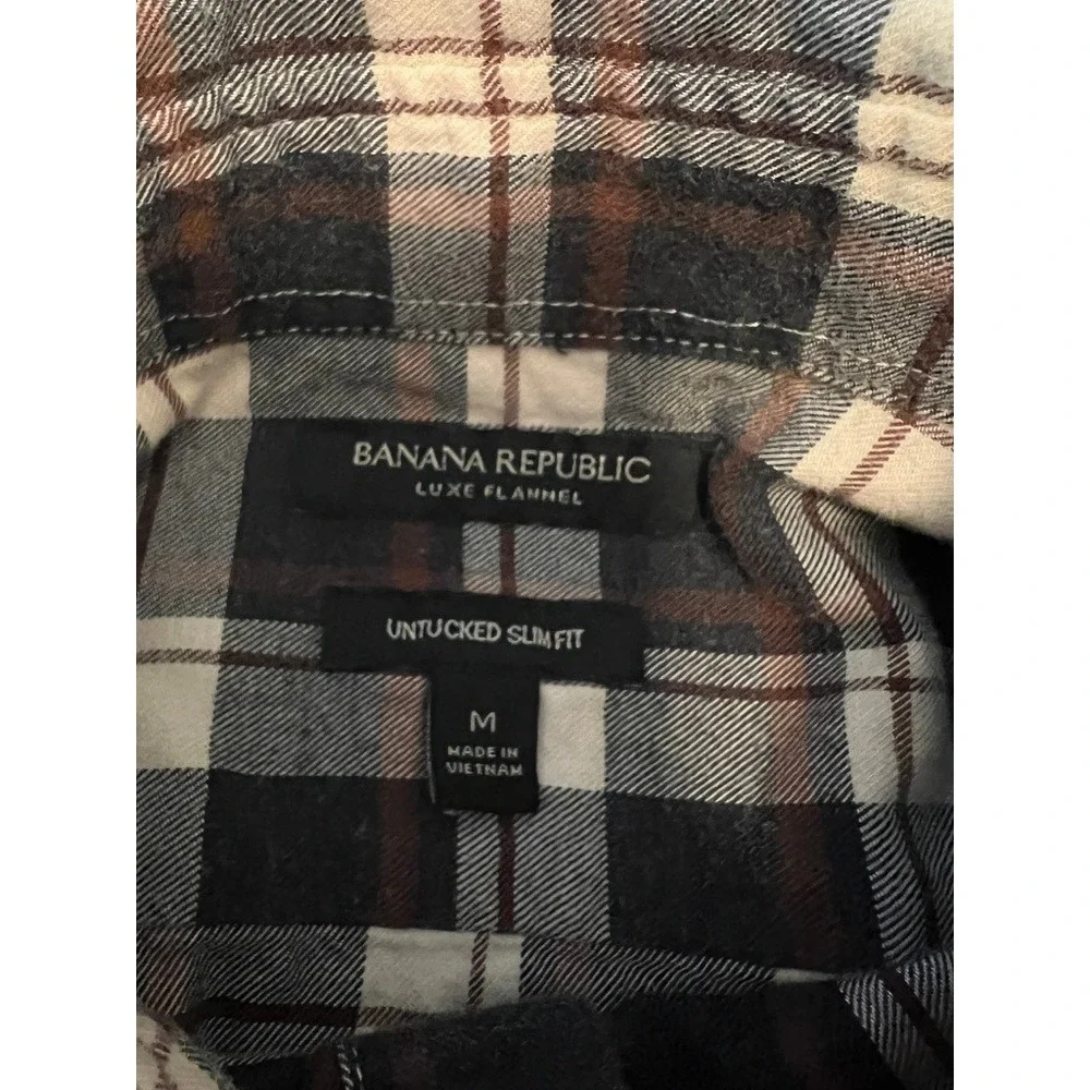 Banana Republic Luxe Flannel Untucked Slim Fit Plaid Shirt Men Medium Navy Cream